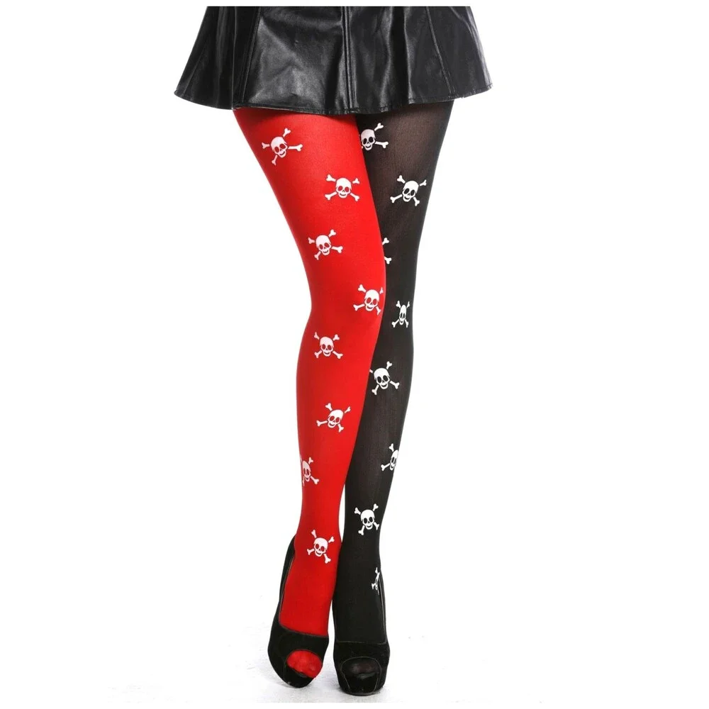 Red Black Skull Crossbones Thigh High Stockings Harlequin Goth Punk Costume
